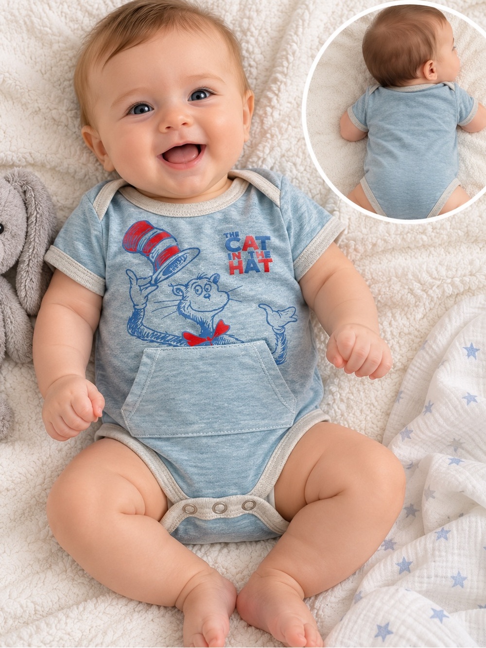 Dr. Seuss Cat in the Hat Light Blue Baby Bodysuit with Red Accents
